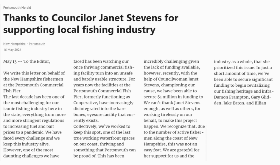 Janet Stevens Supports Local Fishermen Portsmouth Herald NH